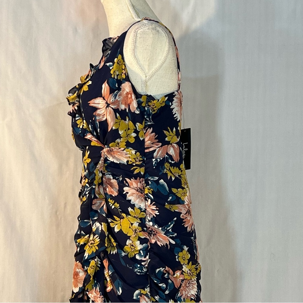 Lulus MIDI Floral Dress Blue Ruched Waist Flounce Skirt Slit Spaghetti Straps L - Picture 9 of 16